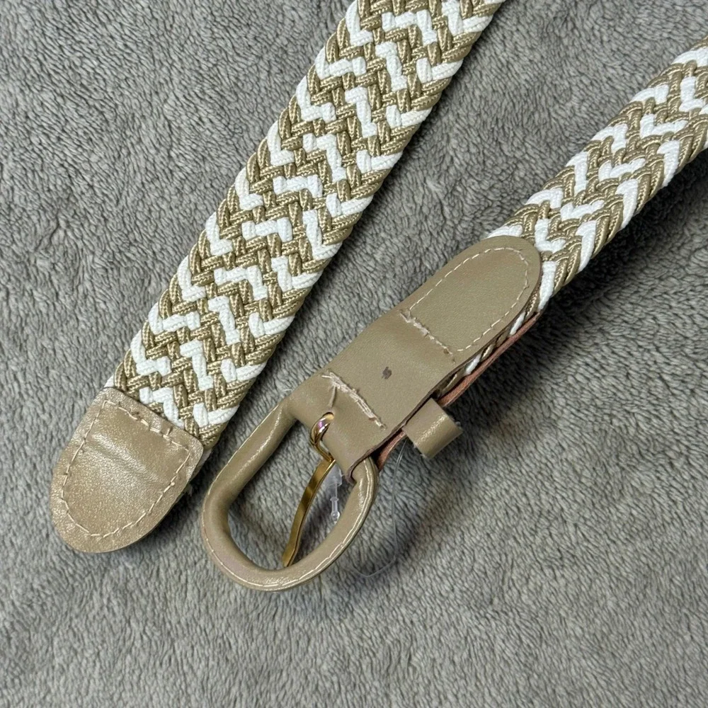 Braided Woven Belt Unisex Adult Size L XL Tan White Chevron Gold Buckle Nautical